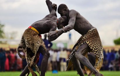 Wrestlers from Jonglei and Eastern Lakes State take on each other at Juba Wtadium on April 20, 2016
